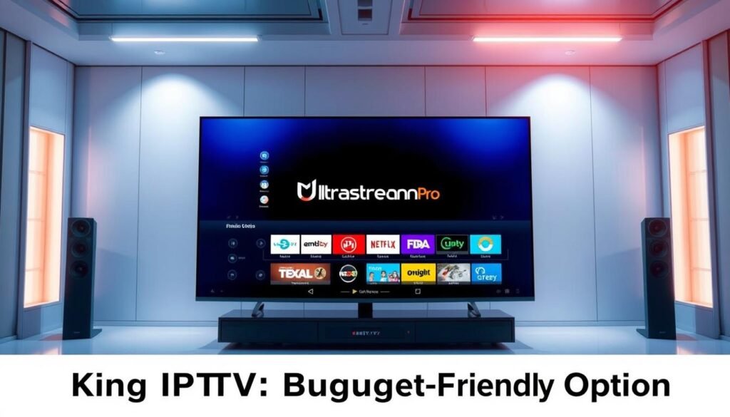 A high-tech media hub displaying the ultrastreampro logo, showcasing a sleek and modern IPTV service interface. The screen presents a clean, minimalist design with vibrant colors and intuitive controls, creating an immersive and user-friendly experience. The composition features a well-lit, professional studio setting with a subtle, warm lighting that accentuates the product's premium quality. The camera angle is slightly elevated, creating a sense of authority and trust in the service. The overall mood is one of sophistication, efficiency, and reliability, reflecting the "King IPTV: Budget-Friendly Option" section of the article.