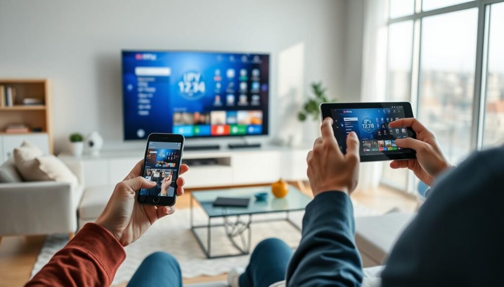 A modern living room with a large flatscreen TV displaying an IPTV interface. In the foreground, a person using a smartphone and a tablet to access the same IPTV content, showcasing the multi-device accessibility. The room is well-lit with natural light from large windows, creating a warm and inviting atmosphere. The furniture is minimalist and contemporary, reflecting a tech-savvy household. The color palette is a mix of neutral tones, accentuated by pops of vibrant hues. The overall scene emphasizes the seamless integration of IPTV technology into the daily living experience. A modern living room with a large flatscreen TV displaying an IPTV interface. In the foreground, a person using a smartphone and a tablet to access the same IPTV content, showcasing the multi-device accessibility. The room is well-lit with natural light from large windows, creating a warm and inviting atmosphere. The furniture is minimalist and contemporary, reflecting a tech-savvy household. The color palette is a mix of neutral tones, accentuated by pops of vibrant hues. The overall scene emphasizes the seamless integration of IPTV technology into the daily living experience.