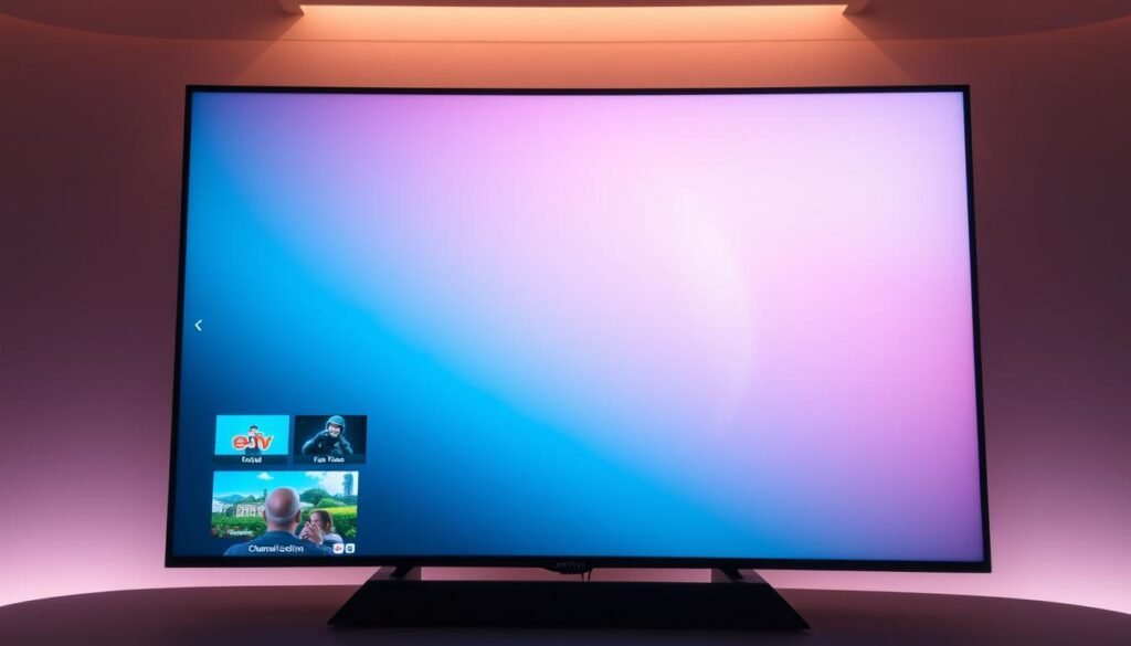 A sleek, high-tech display showcasing the channel selection of ultrastreampro's IPTV service. In the foreground, a series of neatly arranged tiles depicting various TV channels, each with a clear and vibrant icon. In the middle ground, a minimalist user interface with intuitive controls, allowing the viewer to navigate the extensive channel lineup. The background features a soft, gradient-filled backdrop, lending an air of sophistication and modernity. The overall scene is bathed in a warm, cinematic lighting, highlighting the clarity and detail of the displayed content. The composition and styling convey the ease and convenience of ultrastreampro's IPTV platform, making it an appealing choice for Canadian viewers seeking a comprehensive streaming experience.