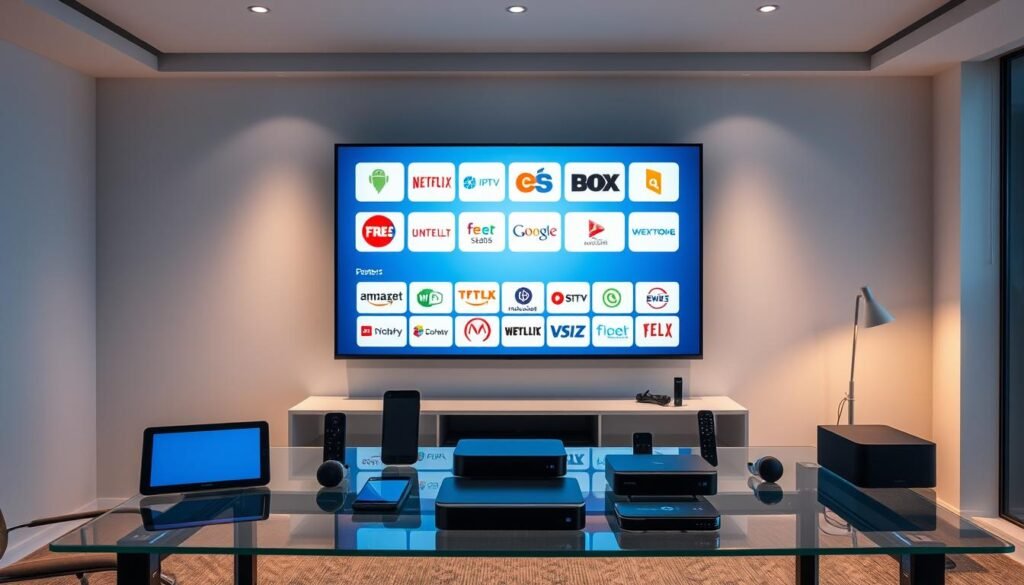 A stylish and modern office setting with a large, sleek TV screen displaying various IPTV free trial service logos. The screen is surrounded by an array of high-tech devices and gadgets, such as tablets, smartphones, and streaming boxes, arranged neatly on a minimalist, glass-topped desk. Soft, indirect lighting creates a warm, inviting atmosphere, and the room is accented with subtle hints of blue and gray to convey a sense of professionalism and innovation. The overall composition emphasizes the ease and convenience of accessing a wide range of IPTV free trial services, ready to be explored and experienced by the discerning viewer. A stylish and modern office setting with a large, sleek TV screen displaying various IPTV free trial service logos. The screen is surrounded by an array of high-tech devices and gadgets, such as tablets, smartphones, and streaming boxes, arranged neatly on a minimalist, glass-topped desk. Soft, indirect lighting creates a warm, inviting atmosphere, and the room is accented with subtle hints of blue and gray to convey a sense of professionalism and innovation. The overall composition emphasizes the ease and convenience of accessing a wide range of IPTV free trial services, ready to be explored and experienced by the discerning viewer.