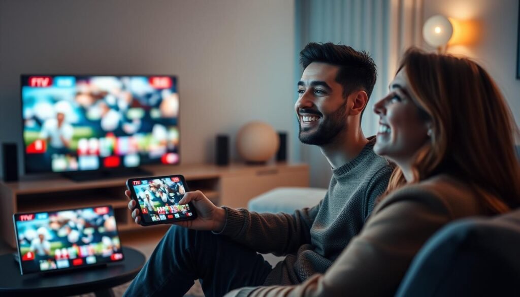 Generate an image of a person enjoying live TV streaming on multiple devices with a satisfied expression, representing FRIXPLAY's high-quality service. Generate an image of a person enjoying live TV streaming on multiple devices with a satisfied expression, representing FRIXPLAY's high-quality service.