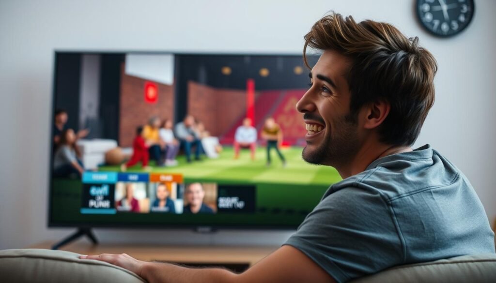Generate an image of a person enjoying their favorite TV show on Apollo Group TV with a satisfied expression. Generate an image of a person enjoying their favorite TV show on Apollo Group TV with a satisfied expression.