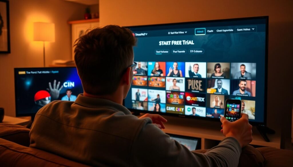 Generate an image of a person enjoying various TV channels on different devices with a "Start Free Trial" button on the StreamHut website. Generate an image of a person enjoying various TV channels on different devices with a "Start Free Trial" button on the StreamHut website.
