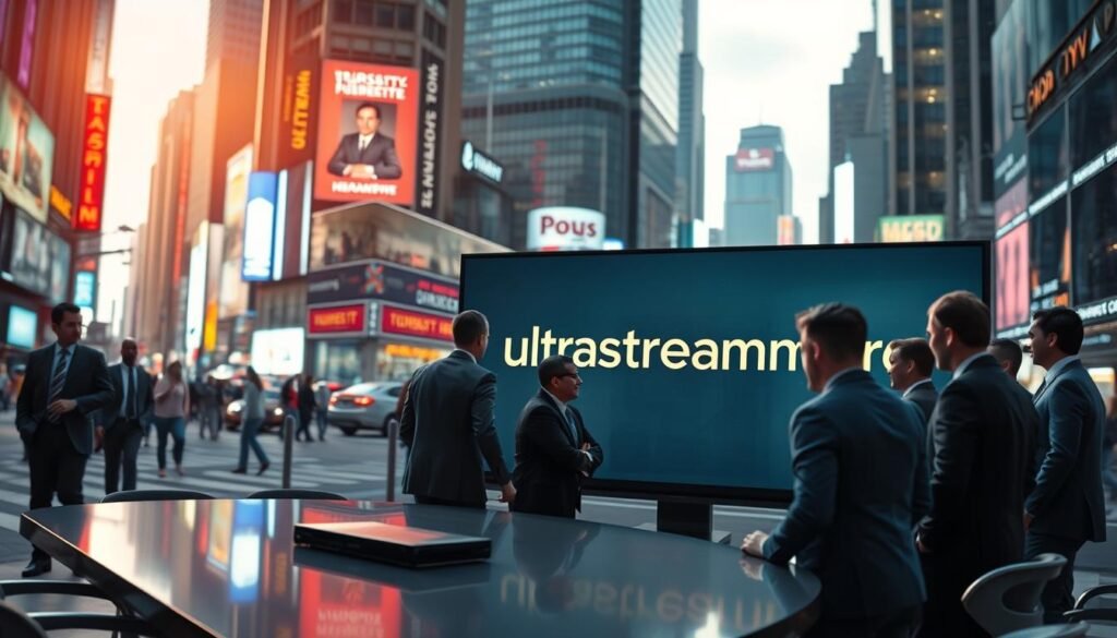 A bustling business district with towering skyscrapers and neon-lit signage. In the foreground, a group of professionals in suits and ties, gathered around a conference table, discussing the latest advancements in IPTV technology. The ultrastreampro brand logo is prominently displayed on a sleek, modern display screen, casting a warm glow over the scene. The lighting is natural, with a touch of dramatic shadows, highlighting the seriousness of the discussions. The camera angle is slightly elevated, giving a sense of authority and expertise. The overall atmosphere conveys a sense of reliability, innovation, and professionalism in the world of IPTV service providers.
