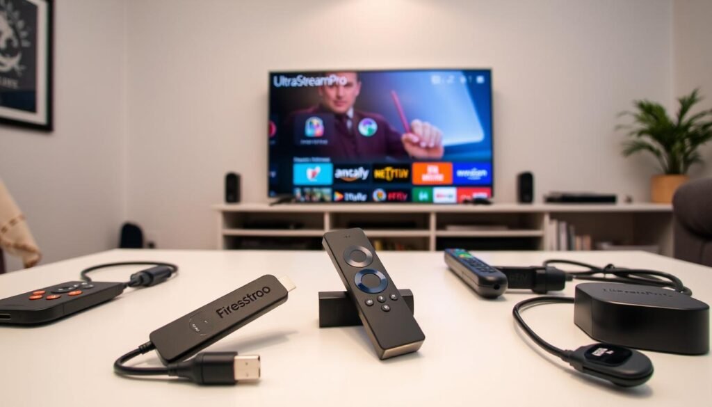A clean, well-lit room with a Firestick device prominently displayed on a table. The device is surrounded by various cables, remote controls, and other streaming accessories. In the background, a large TV screen showcases the UltraStreamPro user interface, with a smooth and intuitive design. The overall atmosphere is one of modern, tech-savvy home entertainment, with a focus on the seamless integration of the Firestick and the UltraStreamPro IPTV service. The image conveys a sense of ease and simplicity in the installation and setup process.