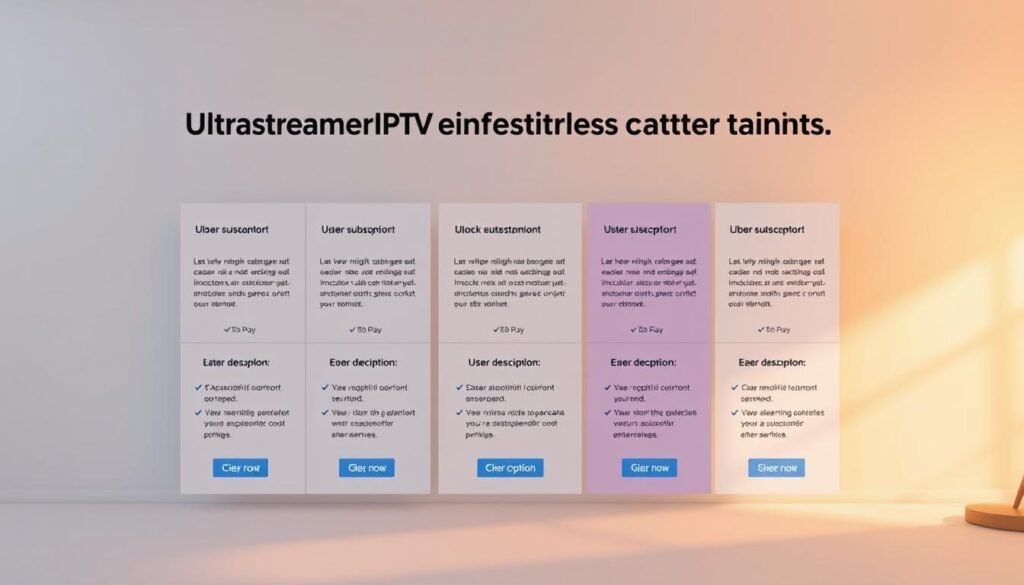A clean, well-organized display of ultrastreampro's affordable IPTV subscription plans. Set against a minimalist, soft-toned background, the plans are presented in a grid layout with clear, concise descriptions and pricing details. The plans are highlighted with subtle visual cues, drawing the viewer's attention to the key features and cost-effective options. Warm, diffused lighting illuminates the scene, creating a sense of approachability and accessibility. The overall composition conveys a modern, professional tone, suitable for an article on unlocking endless entertainment.