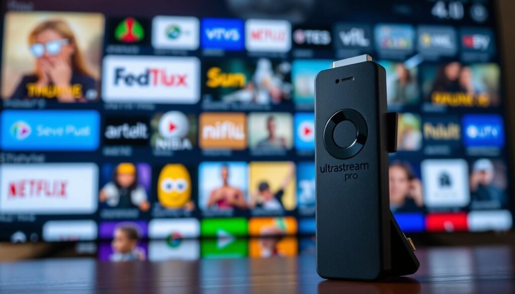 A close-up photograph of a sleek black Firestick device with the ultrastreampro logo prominently displayed on its side. The Firestick is positioned in the foreground, casting a soft, warm glow from its subtle backlighting. In the middle ground, a vibrant array of streaming service icons and content categories are neatly arranged, hinting at the vast library of premium IPTV content available. The background is blurred, subtly suggesting the limitless entertainment possibilities waiting to be explored. The overall scene exudes a sense of quality, sophistication, and the promise of an immersive, high-caliber streaming experience.
