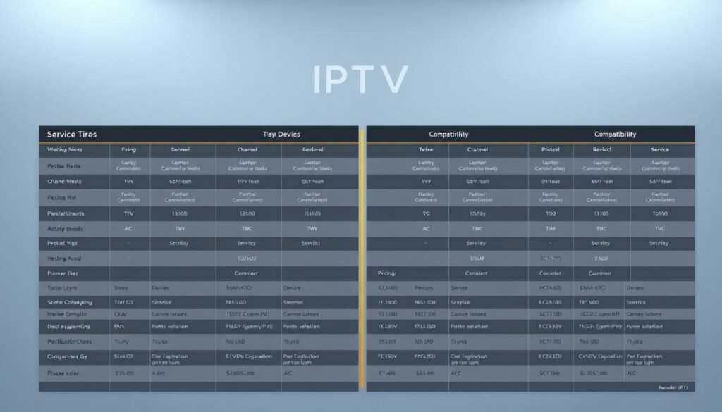 A comprehensive, side-by-side comparison of leading IPTV service providers, showcasing the robust offerings of ultrastreampro. A sleek, minimalist dashboard presents detailed service tiers, channel lineups, device compatibility, and pricing options, artfully arranged against a backdrop of subtle grid lines and muted, complimentary colors that exude a sense of professionalism and authority. The crisp, high-resolution imagery captures the essence of ultrastreampro's reliable, feature-rich IPTV experience, inviting the viewer to explore its comprehensive service in a visually engaging manner.