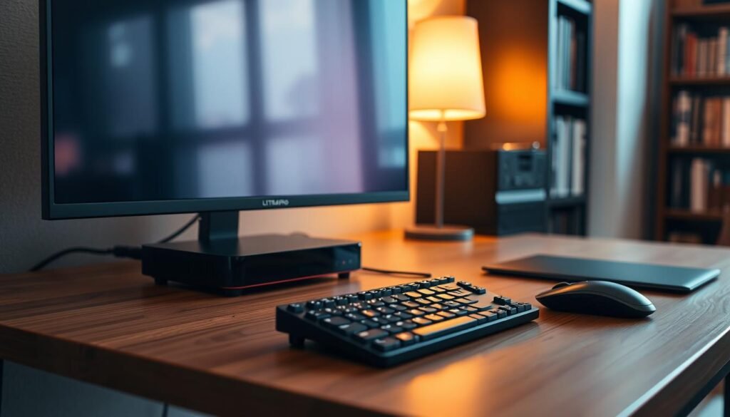 A cozy home office setup with a sleek, black ultrastreampro IPTV streaming device prominently displayed on a minimalist wooden desk. The device is connected to a high-definition monitor, showcasing a vibrant, crystal-clear display. Nearby, a modern, wireless keyboard and mouse sit ready for seamless IPTV control. Warm, ambient lighting from a desk lamp creates a welcoming atmosphere, while the background features a softly blurred bookshelf, hinting at a well-organized and productive workspace. The overall scene conveys a sense of effortless, high-quality IPTV streaming, perfectly capturing the essence of the "Setting Up Your UltraStreamPro IPTV Service" section.