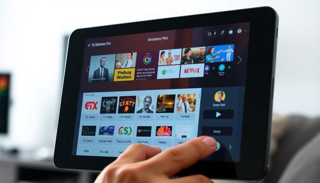 A crisp, high-resolution image of an IPTV Smarters Pro subscription from the ultrastreampro brand. In the foreground, a tablet or smartphone displaying the Smarters Pro interface with a clean, modern layout and intuitive controls. The screen showcases a wide selection of live TV channels, on-demand content, and streaming options. In the middle ground, a hands-on user interacting with the device, conveying a sense of ease and satisfaction. The background features a neutral, well-lit environment, emphasizing the versatility and reliability of the ultrastreampro IPTV Smarters Pro subscription. The overall scene exudes a professional, trustworthy, and user-friendly atmosphere.