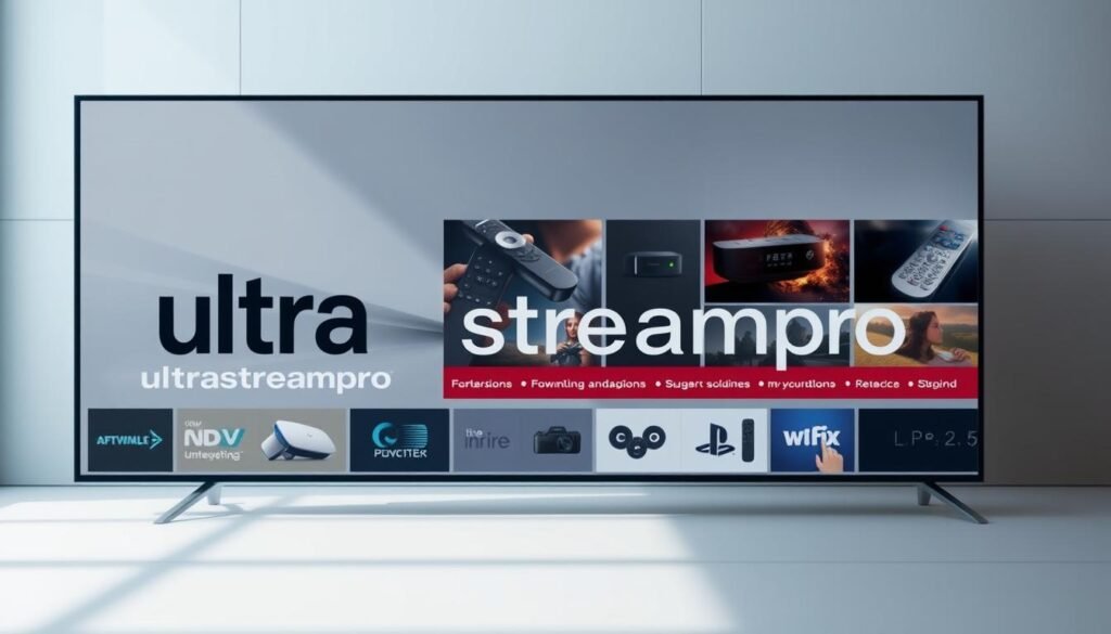 A detailed and visually engaging program guide for the ultrastreampro streaming service, showcasing its comprehensive features. The guide has a sleek, modern layout with clean typography and well-organized sections. The foreground features a large ultrastreampro logo, prominently displayed. The middle ground depicts various streaming device icons, remote controls, and other UI elements, hinting at the service's versatility across platforms. The background features a subtle grid pattern or abstract geometric shapes, conveying a sense of technology and innovation. The lighting is soft and evenly distributed, creating a professional and polished aesthetic. The overall mood is one of sophistication, functionality, and a user-friendly streaming experience.