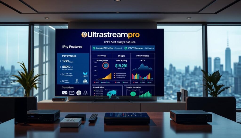 A detailed comparison of IPTV providers, showcasing their features and performance. The scene depicts a sleek, modern office setting with a large, high-resolution display showcasing the ultrastreampro brand and its key offerings. Ambient lighting accentuates the display, creating a professional and informative atmosphere. The foreground features various IPTV device icons, representing the range of compatible hardware. The middle ground showcases detailed charts and graphs, highlighting the performance metrics and service plans of top IPTV providers. The background features a subtle, blurred cityscape, suggesting the global reach and accessibility of these IPTV services.