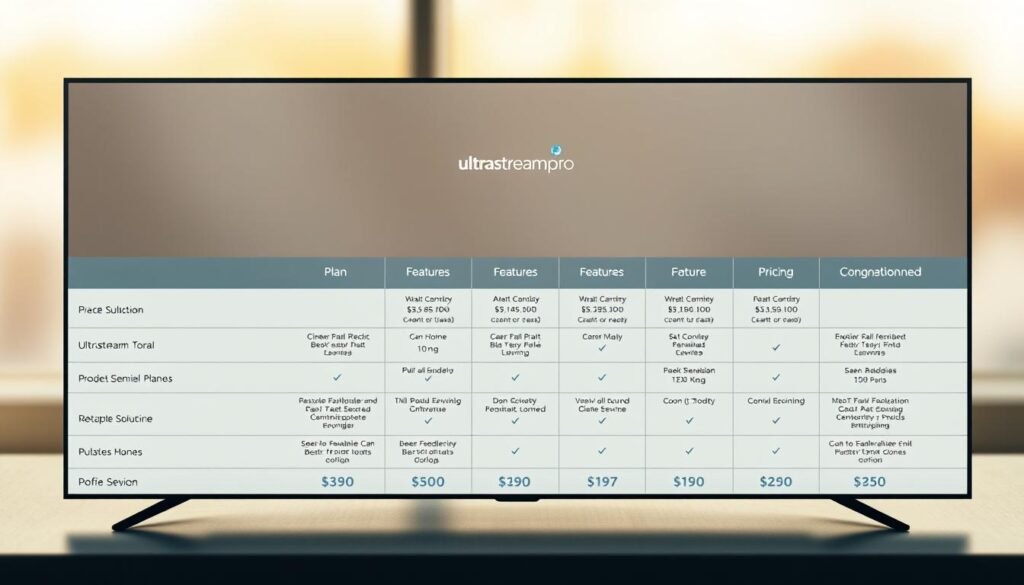 A detailed comparison of ultrastreampro's IPTV subscription plans, displayed on a sleek, minimalist interface. The foreground showcases a clean table with plan names, features, and pricing arranged in a visually appealing grid. The middle ground features subtle branding elements, such as the ultrastreampro logo and icons, that complement the overall design. The background maintains a soft, blurred gradient in a palette of warm, inviting tones, creating a sense of professionalism and approachability. The lighting is natural and diffused, highlighting the clarity of the information presented. The camera angle is slightly elevated, providing an overview of the content while maintaining a sense of balance and symmetry.