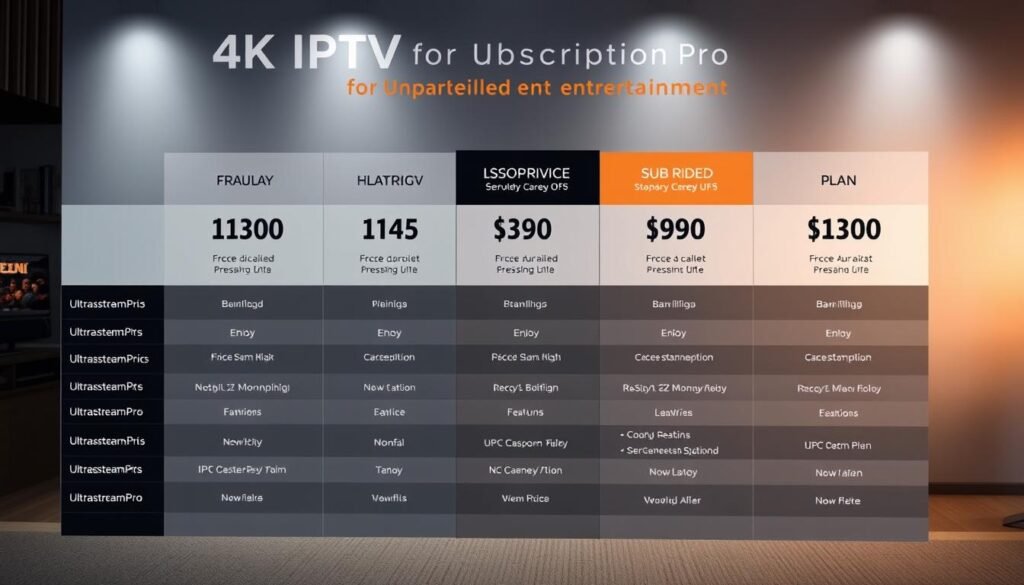 A detailed, high-quality, and visually appealing comparison of UltraStreamPro's IPTV subscription plans, showcasing their pricing and key features. The image should have a clean, modern design with a focus on the plan details, presented in a grid or table format. Capture the plans with a professional, well-lit photography style, using a slightly elevated camera angle to create a sense of depth and emphasize the content. Utilize a neutral color palette with subtle accents to match the branding, conveying a premium, reliable, and trustworthy feel. The overall atmosphere should be informative, visually striking, and align with the "Enjoy 4K IPTV for Unparalleled Entertainment" theme.