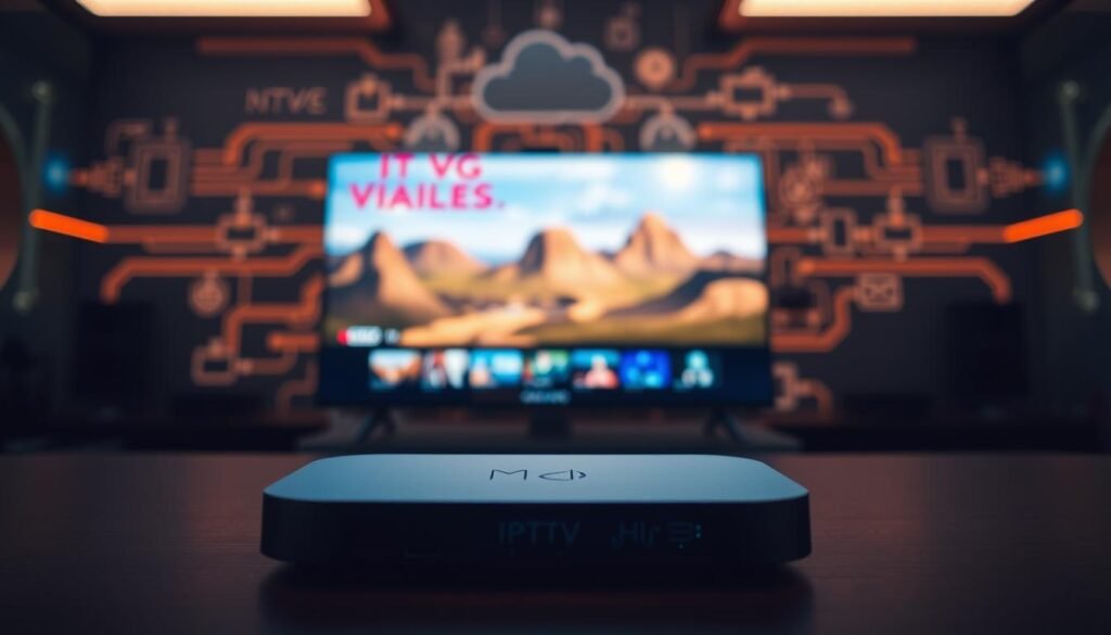 A detailed, high-resolution photograph of a reliable IPTV service in the USA, specifically the ultrastreampro brand. The foreground shows a sleek, modern streaming device with a minimalist design, highlighted by a soft, warm light that creates depth and dimension. The middle ground features a stylized user interface displaying vivid, high-quality video content, showcasing the service's excellent streaming performance. The background subtly suggests the broader technological landscape, with subtle hints of network infrastructure and cloud-based services that power the IPTV experience. The overall composition conveys a sense of professionalism, trustworthiness, and cutting-edge technology, perfectly capturing the "Performance Analysis: Streaming Quality and Reliability" section of the article.