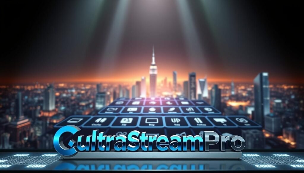 A detailed, sleek illustration of the "ultrastreampro" IPTV service, showcasing its pros and cons. The foreground depicts the UltraStreamPro logo, rendered in a metallic, futuristic style, with vibrant blue and white accents. The middle ground features a grid-like array of glowing icons, representing the service's key features and capabilities. In the background, a panoramic cityscape of a modern, technologically-advanced metropolis sets the scene, conveying the service's expansive reach and integration with the digital landscape. The lighting is dramatic, with sharp shadows and highlights, creating a sense of depth and sophistication. The overall composition and color palette evoke a professional, high-quality IPTV experience.