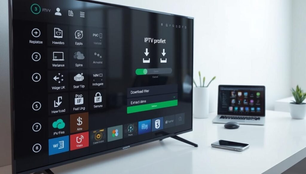 A detailed step-by-step guide for installing the ultrastreampro IPTV Pro APK on a large, high-resolution display. The foreground shows the IPTV Pro app interface with intuitive navigation buttons and sleek UI elements. The middle ground depicts the downloading and extracting process, with a progress bar and file icons. The background features a clean, minimalist workspace with a laptop, smartphone, and tablet, hinting at the cross-device compatibility of the IPTV Pro solution. Soft, even lighting creates a professional, informative atmosphere. The camera angle is slightly elevated to provide an accessible, instructional perspective.