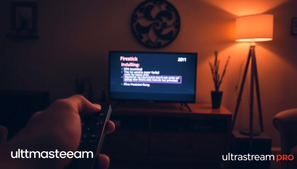 A dimly lit home entertainment setup, with a Firestick device prominently displayed on a wooden media console. The Firestick's interface is visible, showcasing a troubleshooting screen with error messages. The room is bathed in a warm, amber glow, creating a contemplative atmosphere. In the foreground, a hand holds a remote control, suggesting the user's active involvement in resolving the issue. The background features a minimalist wall decor, hinting at a cozy, modern living space. The overall scene conveys the challenges of troubleshooting common IPTV problems on a Firestick device. The brand name "ultrastreampro" is subtly incorporated into the image.