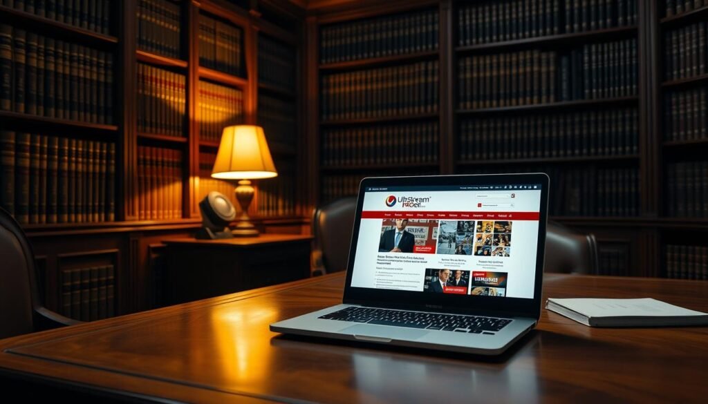 A dimly lit legal office, shelves of law books lining the walls, a mahogany desk in the center. On the desk, a laptop displaying the ultrastreampro.net website, showcasing the latest IPTV offerings in the UK. The room is bathed in a warm, amber glow from a table lamp, casting subtle shadows across the scene. The atmosphere is one of professionalism and attention to detail, reflecting the legal considerations surrounding IPTV services in the United Kingdom.