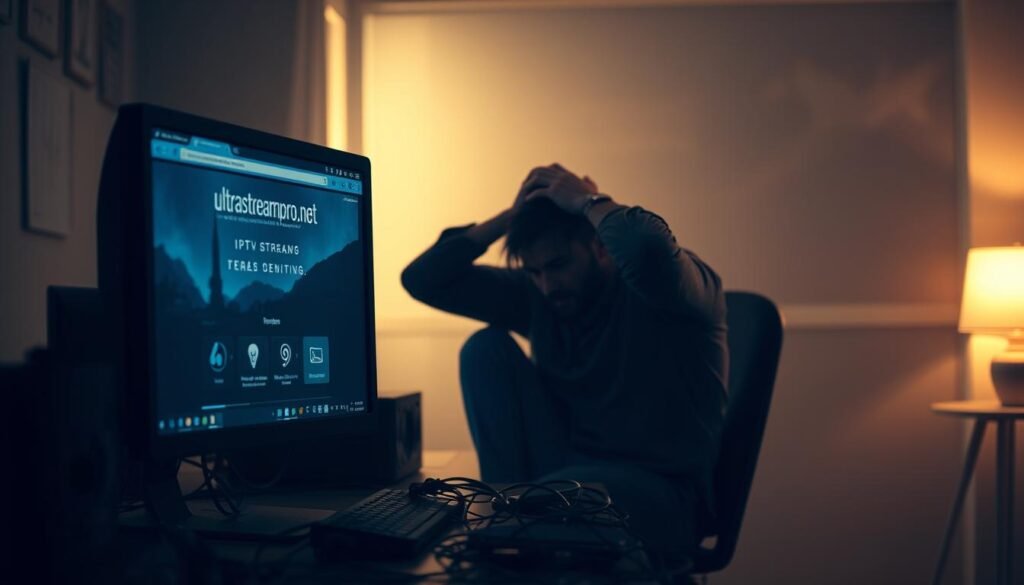 A dimly lit office space, with a desk and computer setup in the foreground. The screen displays the ultrastreampro.net website, showcasing its IPTV streaming services. In the middle ground, a frustrated user sits, hands on their head, surrounded by a tangle of cables. The background is hazy, with a sense of uncertainty and unreliability looming. Soft, warm lighting creates a somber mood, reflecting the common challenges faced when searching for IPTV on Reddit.