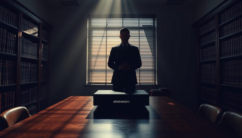 A dimly lit office, the walls lined with legal tomes and the air thick with tension. In the center, a sleek ultrastreampro device sits on a mahogany desk, its LED indicators flickering ominously. The silhouette of a figure stands before it, hands clasped, contemplating the implications of this digital landscape. Muted sunlight filters through the blinds, casting shadows that speak of the legal complexities surrounding this technology. The scene conveys a sense of unease, a visual representation of the delicate balance between innovation and compliance.