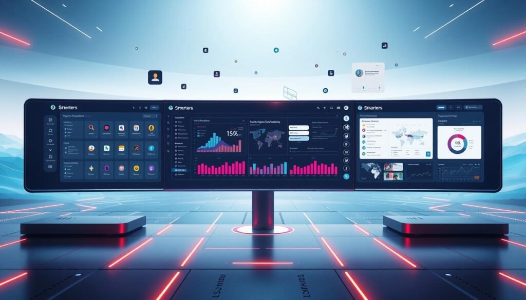 A futuristic, minimalist digital platform with clean, streamlined user interfaces and vibrant color accents. In the foreground, a sleek, ultrawide display showcases the core features of the Smarters platform, including project management tools, collaboration hubs, and data visualization dashboards. The middle ground features floating icons, infographics, and interactive widgets, hinting at the platform's advanced capabilities. The background depicts a serene, technological landscape with ultrastreampro's signature style - smooth gradients, geometric patterns, and subtle luminescence. The overall composition conveys a sense of efficiency, innovation, and empowerment. A futuristic, minimalist digital platform with clean, streamlined user interfaces and vibrant color accents. In the foreground, a sleek, ultrawide display showcases the core features of the Smarters platform, including project management tools, collaboration hubs, and data visualization dashboards. The middle ground features floating icons, infographics, and interactive widgets, hinting at the platform's advanced capabilities. The background depicts a serene, technological landscape with ultrastreampro's signature style - smooth gradients, geometric patterns, and subtle luminescence. The overall composition conveys a sense of efficiency, innovation, and empowerment.