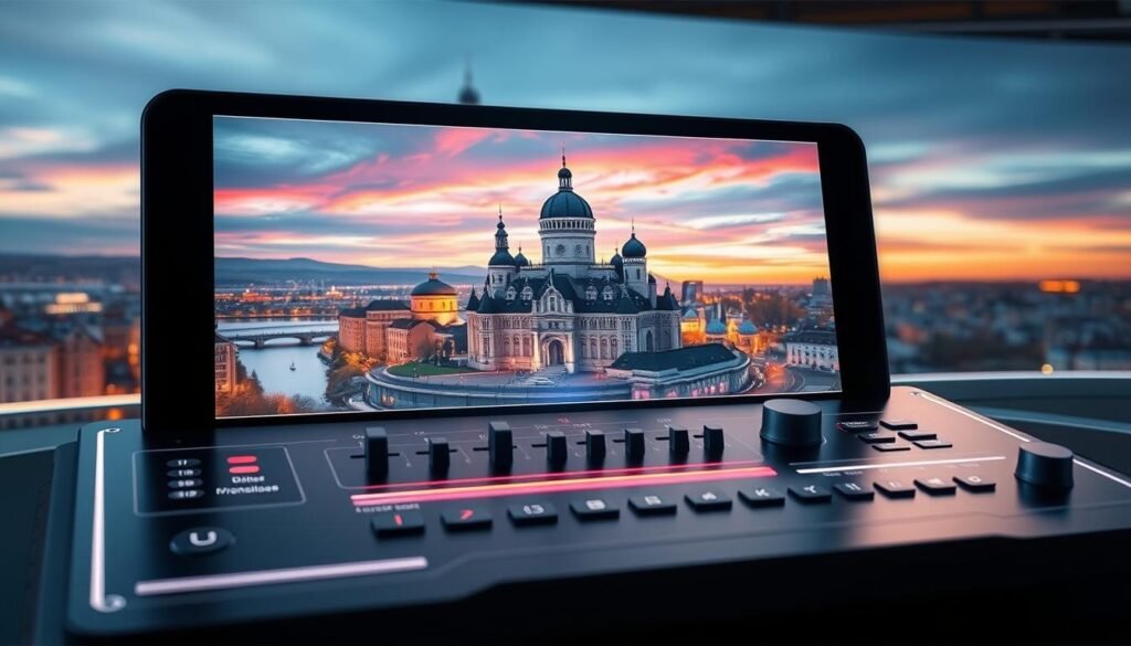 A futuristic, sleek control panel for UltraStreamPro's advanced IPTV features. A holographic display showcases a vibrant, high-definition image of the Quebec cityscape, with iconic landmarks like the Château Frontenac and the Plains of Abraham. The panel's interface is intuitive and responsive, with sliders and toggles controlling various streaming settings. Soft, ambient lighting bathes the scene, creating a sense of sophistication and technological prowess. The overall composition conveys the power and versatility of UltraStreamPro's IPTV platform, catering to the discerning needs of Quebec's media enthusiasts.