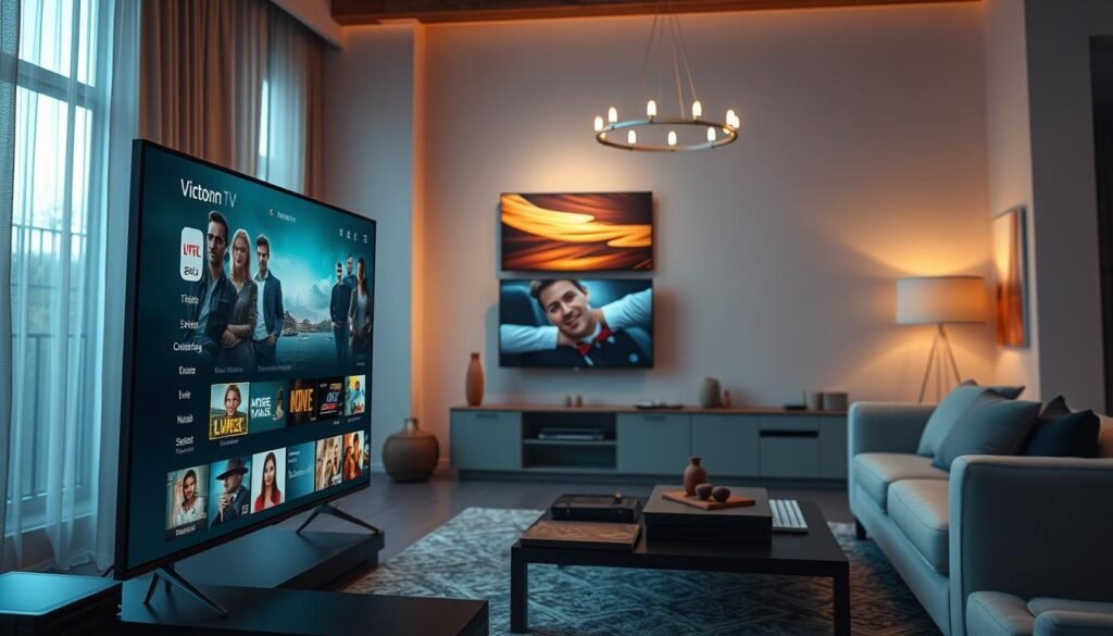 A high-definition, cinematic scene of an ultrastreampro iptv content platform in action. A sleek, modern interface displays a diverse array of live TV channels, on-demand movies, and streaming services, all rendered in vivid, lifelike detail. The foreground showcases a seamless user experience with intuitive navigation, while the background reveals a cozy, minimalist living room setting illuminated by warm, natural lighting. The overall atmosphere conveys a sense of immersive, effortless entertainment for the discerning viewer.