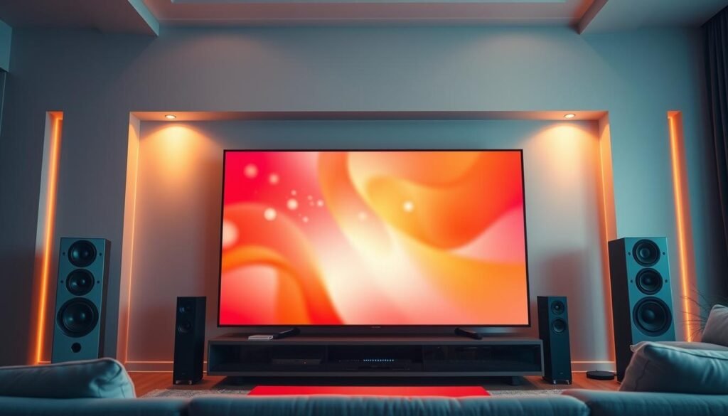 A high-definition video stream with a crystal-clear picture and immersive surround sound, showcasing the cutting-edge technology of the ultrastreampro IPTV platform. The scene depicts a modern living room with a large, vibrant 4K television screen, surrounded by sleek speakers delivering rich, dynamic audio. The lighting is warm and inviting, with soft, diffused illumination creating a cozy atmosphere. The camera angle captures the screen from an elevated perspective, emphasizing the cinematic viewing experience. The overall impression is one of seamless, high-quality entertainment, reflecting the reliable performance and exceptional visual fidelity of the ultrastreampro IPTV service.