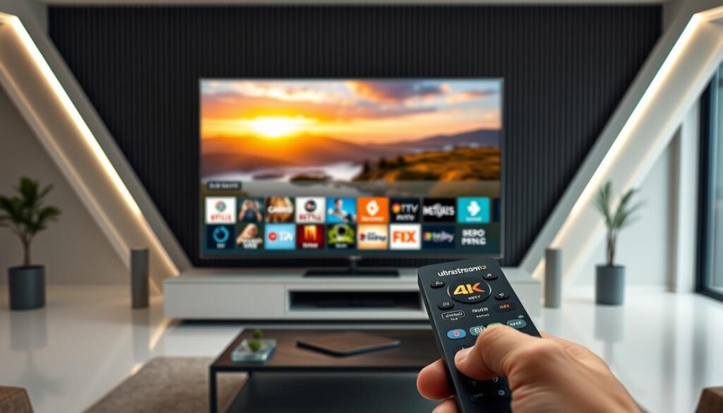 A high-quality 4K IPTV subscription service with a sleek and modern user interface, featuring a vast library of live TV channels, movies, and on-demand content. In the foreground, a close-up of a hand holding a remote control, with a subscription card prominently displayed, highlighting the ultrastreampro brand. The middle ground showcases a smart TV display, showing a vivid nature scene in 4K resolution. The background features a minimalist, futuristic living room setting, with clean lines and soft lighting, conveying a sense of luxury and technological sophistication. The overall scene exudes a sense of convenience, quality, and the elevated viewing experience that a lifetime IPTV subscription from ultrastreampro can provide.