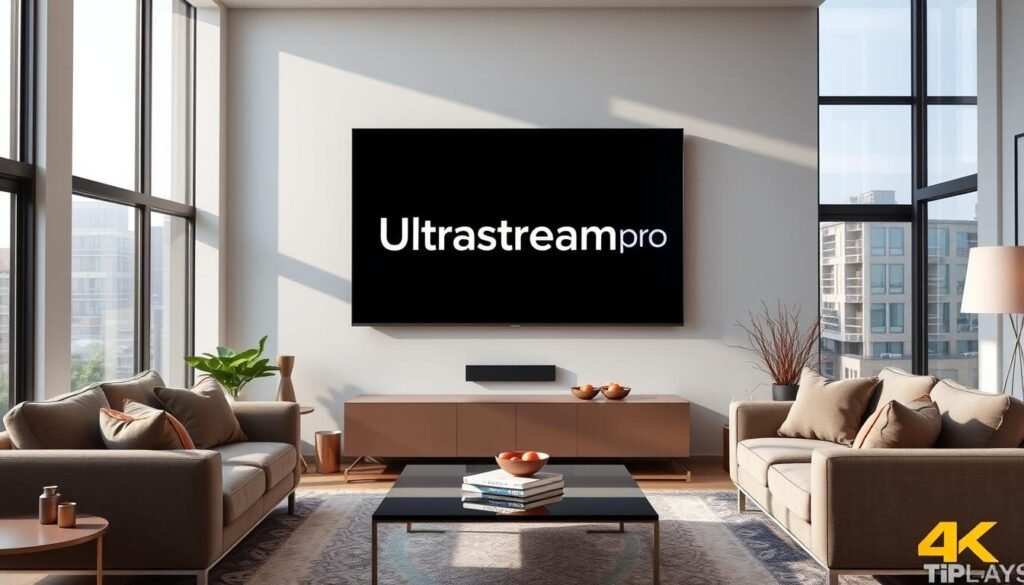 A high-quality 4K image of a modern living room featuring a large flat-screen TV displaying the Ultrastreampro logo. The room is well-lit with natural light streaming in through large windows, creating a warm and inviting atmosphere. The TV is showcased prominently, taking up a significant portion of the frame. The room is elegantly furnished with plush, comfortable seating and tasteful decor, suggesting a premium entertainment experience. The overall scene conveys a sense of sophistication and luxury associated with a top-tier IPTV provider like Ultrastreampro.