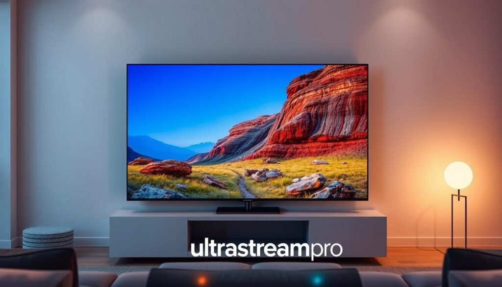 A high-quality 4K video stream displayed on an ultraslim 60-inch 4K OLED TV, with a sharp, vibrant image and deep, inky blacks. The scene is bathed in warm, soft lighting that accentuates the sleek, modern design of the TV, creating a cozy, inviting atmosphere. The TV is situated in a minimalist, contemporary living room with clean lines and neutral tones, allowing the screen to take center stage. The ultrastreampro logo is subtly displayed in the bottom corner, complementing the overall aesthetic.