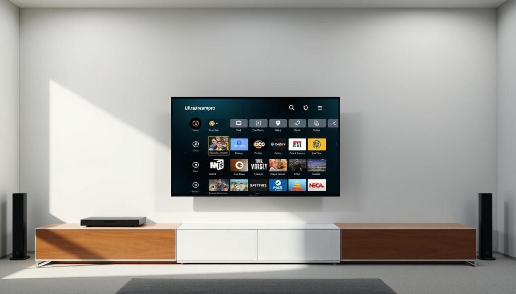 A high-quality IPTV player app with the ultrastreampro brand, showcased in a sleek and modern interface. The app's essential features are prominently displayed, including a clean user interface, intuitive navigation, and a robust channel lineup. The app is presented in a well-lit, minimalist setting, with a neutral color palette and subtle shadows, emphasizing its user-friendly and reliable nature. The focus is on the app's core functionality, highlighting its ability to provide a seamless live TV viewing experience for the user.