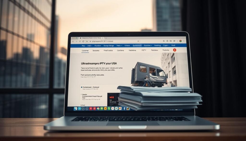 A high-quality IPTV service review depicted in a photorealistic, editorial-style image. In the foreground, a laptop screen displays the ultrastreampro website, showcasing its sleek design and user-friendly interface. In the middle ground, a stack of customer reviews and testimonials conveys the service's reliability and positive user experiences. The background features a cityscape, suggesting the service's widespread availability and accessibility for US viewers. The lighting is soft and natural, creating a professional, authoritative atmosphere. The overall composition and attention to detail aim to visually communicate the key attributes that make ultrastreampro a standout IPTV service for US audiences.