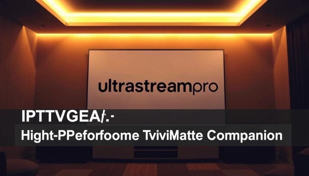 A high-quality IPTV service with a sleek, modern user interface, featuring a wide range of live TV channels, movies, and on-demand content optimized for the TiviMate app. Set in a dimly lit room with warm lighting, the display showcases the ultrastreampro brand name in a bold, eye-catching font, surrounded by a clean, minimalist design aesthetic. The image captures the seamless integration and high-performance capabilities of this IPTV solution, perfect for the "IPTVGEAR: High-Performance TiviMate Companion" section of the article.