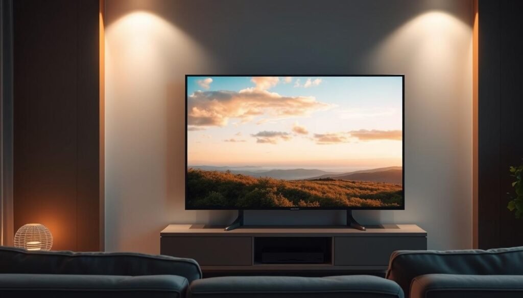 A high-quality IPTV streaming experience with ultrastreampro. A living room scene with a modern TV displaying a crisp, vibrant image. The television is set against a minimalist, contemporary backdrop, bathed in soft, diffused lighting that creates a warm, inviting atmosphere. The screen showcases a detailed, true-to-life image with rich colors and deep blacks, reflecting the superior streaming quality of ultrastreampro. The scene conveys a sense of technological sophistication and immersive entertainment, perfectly capturing the essence of the "Technical Features and Streaming Quality" section.