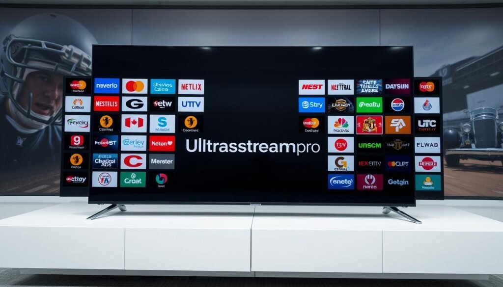 A high-quality array of IPTV channels from Canada, showcased on a sleek ultrastreampro interface. The foreground displays a dynamic grid of channel logos, each vibrant and distinct. The middle ground features a modern, minimalist design with clean lines and a muted color palette, highlighting the ultrastreampro brand. The background subtly suggests the diverse programming available, with hints of sports, news, and entertainment content. Soft, even lighting creates a professional, sophisticated atmosphere, while a wide-angle lens captures the comprehensive channel lineup in a visually compelling way.