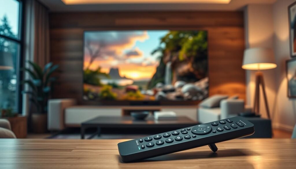 A high-quality, cinematic documentary-style image showcasing the UltraStreamPro IPTV service. In the foreground, a modern, minimalist remote control with sleek design and intuitive controls. In the middle ground, a large, high-definition TV screen displaying a captivating nature documentary, with vivid colors and sharp details. In the background, a cozy living room setting with warm, soft lighting, plush furniture, and hints of modern decor. The overall scene conveys a sense of comfort, immersion, and a premium viewing experience for documentary enthusiasts.