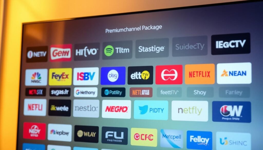 A high-quality close-up shot of the ultrastreampro DirecTV Stream premium channel package, featuring an array of diverse cable TV channels against a soft, blurred background. The channels are displayed in vivid detail, showcasing a wide selection of entertainment options. The image has a sleek, modern aesthetic with warm, directional lighting that highlights the channel logos and creates a sense of depth and dimension. The overall composition is balanced and visually appealing, drawing the viewer's attention to the premium channel offering.