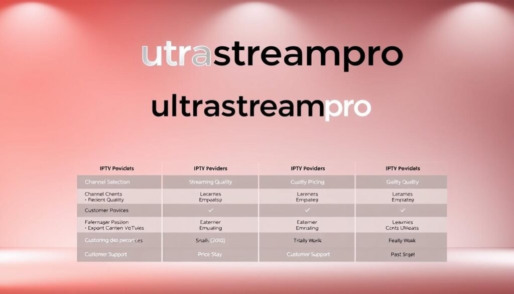 A high-quality comparison image of the ultrastreampro IPTV service in Canada, showcasing its features and performance against other leading IPTV providers. Set in a modern, minimalist style, the image depicts the ultrastreampro logo prominently in the foreground, with detailed side-by-side comparisons of key metrics such as channel selection, streaming quality, pricing, and customer support in the middle ground. The background features a clean, gradient-based design, creating a professional and informative visual aid. Lighting is soft and diffused, with a warm color palette to convey a sense of reliability and trustworthiness. The overall composition is balanced and visually appealing, effectively highlighting the unique value proposition of the ultrastreampro IPTV service in the Canadian market.