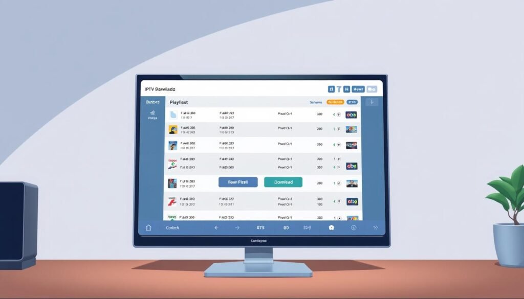 A high-quality, detailed illustration of an IPTV playlist download interface, showcasing the ultrastreampro service. A sleek and modern desktop or mobile application window fills the frame, displaying a clean and intuitive user interface with prominent download buttons, file viewers, and streaming controls. The overall scene conveys a sense of accessibility and ease of use, with subtle highlights on key interactive elements. The lighting is soft and diffused, creating a calm and inviting atmosphere. The camera angle provides a clear, unobstructed view of the application, allowing the viewer to easily understand the download process.