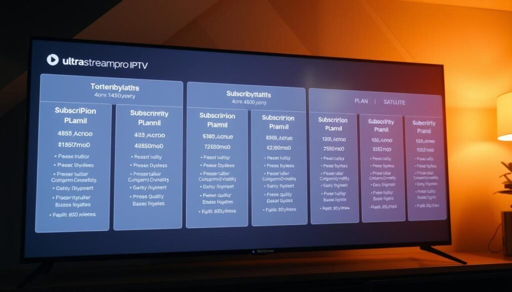 A high-quality digital display showcases the subscription plans and pricing structure for the ultrastreampro IPTV service. In the foreground, various plan tiers are elegantly presented, each with detailed information about channel packages, video quality, and monthly/annual fees. The middle ground features a clean, minimalist interface with intuitive navigation, highlighting the user-friendly experience. The background subtly incorporates the brand's modern, tech-savvy aesthetic, utilizing soft gradients and geometric patterns to create a visually striking, yet professional atmosphere. Warm lighting and a shallow depth of field draw the viewer's attention to the central plan details, conveying the reliability and value of the ultrastreampro IPTV offering. A high-quality digital display showcases the subscription plans and pricing structure for the ultrastreampro IPTV service. In the foreground, various plan tiers are elegantly presented, each with detailed information about channel packages, video quality, and monthly/annual fees. The middle ground features a clean, minimalist interface with intuitive navigation, highlighting the user-friendly experience. The background subtly incorporates the brand's modern, tech-savvy aesthetic, utilizing soft gradients and geometric patterns to create a visually striking, yet professional atmosphere. Warm lighting and a shallow depth of field draw the viewer's attention to the central plan details, conveying the reliability and value of the ultrastreampro IPTV offering.