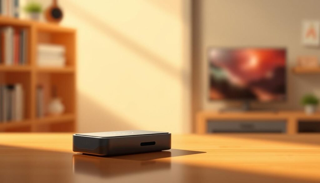A high-quality digital illustration of the ultrastreampro Firestick IPTV player, rendered in a sleek and modern style. The device is prominently featured in the foreground, with a clean and minimalist design. The background is softly blurred, creating a sense of depth and focus on the player. The lighting is warm and natural, highlighting the device's elegant lines and glossy finish. The overall mood is one of simplicity, technology, and entertainment, reflecting the capabilities of the Firestick IPTV player.
