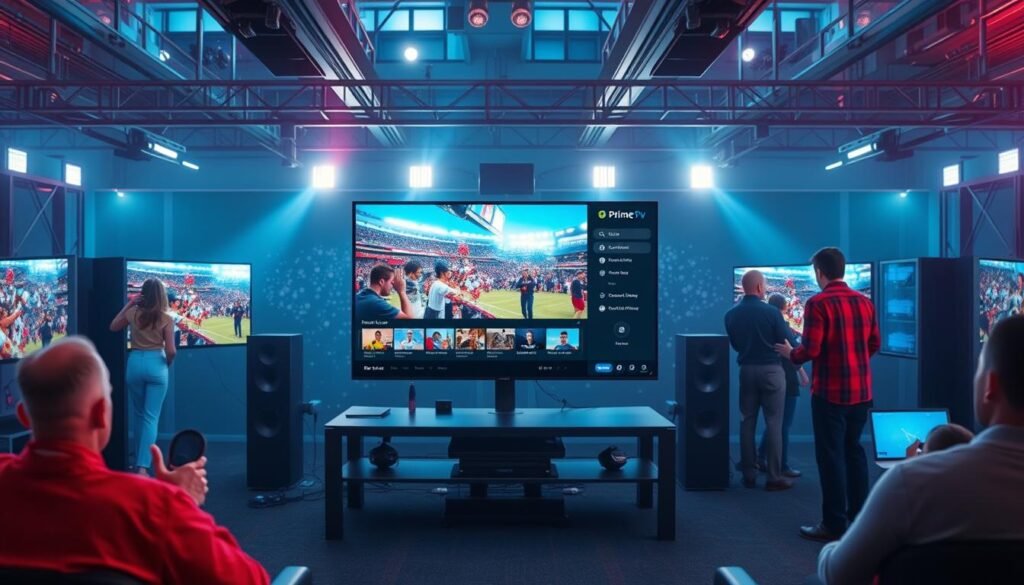 A high-quality live streaming experience on the ultrastreampro platform. In the foreground, a vibrant and seamless video feed showcases the latest Prime IPTV content, with sharp details, vivid colors, and smooth motion. The middle ground features a sleek and modern user interface, highlighting intuitive controls and a responsive design. In the background, a sophisticated network infrastructure with advanced streaming technologies, robust servers, and low latency connections ensures a consistently reliable and uninterrupted viewing experience. The overall atmosphere exudes a sense of immersion, technological sophistication, and effortless entertainment.