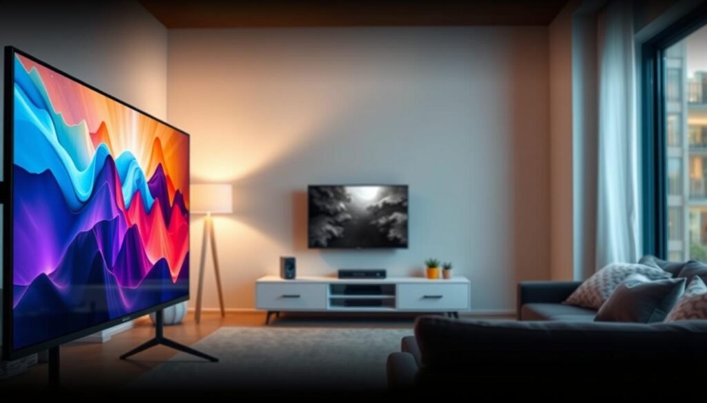 A high-quality streaming experience with ultrastreampro, showcasing crystal-clear visuals and smooth playback. In the foreground, a modern 4K display features vivid colors and lifelike details. The middle ground reveals a sleek, minimalist media center, its clean lines and thoughtful design complementing the advanced technology within. In the background, a soft, ambient lighting creates a cozy, immersive atmosphere, inviting the viewer to settle in and enjoy the best of live streaming and replay, without any time limits.
