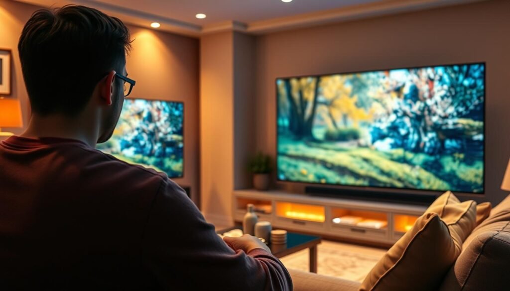 A high-quality ultra HD video stream with vivid colors and sharp details, captured by a professional cinematographer using a state-of-the-art 8K camera. The scene depicts a user interacting with the ultrastreampro IPTV service, showcasing the smooth playback, minimal buffering, and immersive viewing experience. The living room setting features warm, soft lighting that creates a cozy and inviting atmosphere, drawing the viewer's attention to the crisp, lifelike image quality on the large screen television. The prompt aims to convey the premium streaming capabilities and performance of the ultrastreampro IPTV platform.