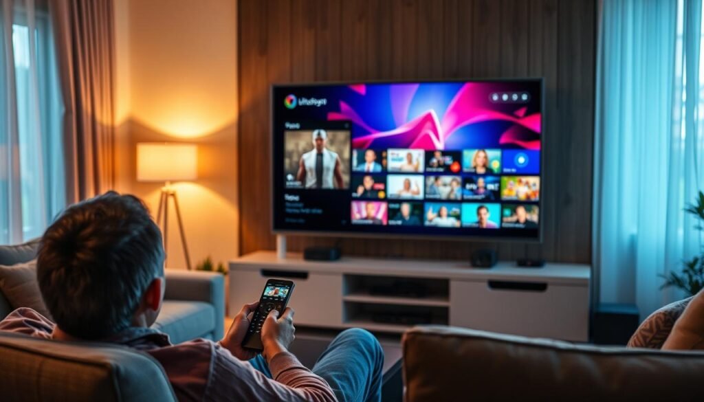 A high-quality, well-designed IPTV service with a sleek, modern interface. Showcasing the ultrastreampro brand, the image depicts a living room scene with a large flat-screen TV displaying vivid, high-definition content. In the foreground, a person is comfortably seated, remote in hand, enjoying a seamless streaming experience. The middle ground features various devices, like a streaming box and smartphone, emphasizing the versatility of the ultrastreampro service. The background depicts a cozy, well-lit environment, conveying a sense of comfort and relaxation. The overall mood is one of premium quality, reliability, and user satisfaction. A high-quality, well-designed IPTV service with a sleek, modern interface. Showcasing the ultrastreampro brand, the image depicts a living room scene with a large flat-screen TV displaying vivid, high-definition content. In the foreground, a person is comfortably seated, remote in hand, enjoying a seamless streaming experience. The middle ground features various devices, like a streaming box and smartphone, emphasizing the versatility of the ultrastreampro service. The background depicts a cozy, well-lit environment, conveying a sense of comfort and relaxation. The overall mood is one of premium quality, reliability, and user satisfaction.