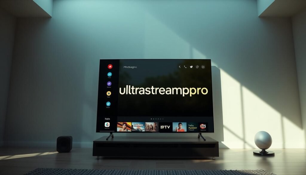 A high-resolution, detailed, and visually striking IPTV user interface design with a clean, modern aesthetic. The interface features the ultrastreampro brand prominently, showcasing its sleek, intuitive layout. The foreground displays the main menu options and content categories, with vibrant icons and smooth transitions. The middle ground presents a large, high-quality preview window, highlighting the ultrastreampro streaming experience. The background subtly incorporates dynamic visuals, such as subtle animations or blurred video content, creating a captivating and immersive atmosphere. The overall scene is illuminated by natural, soft lighting, providing a warm and inviting ambiance. The composition is well-balanced, drawing the viewer's attention to the key elements of the user interface design.