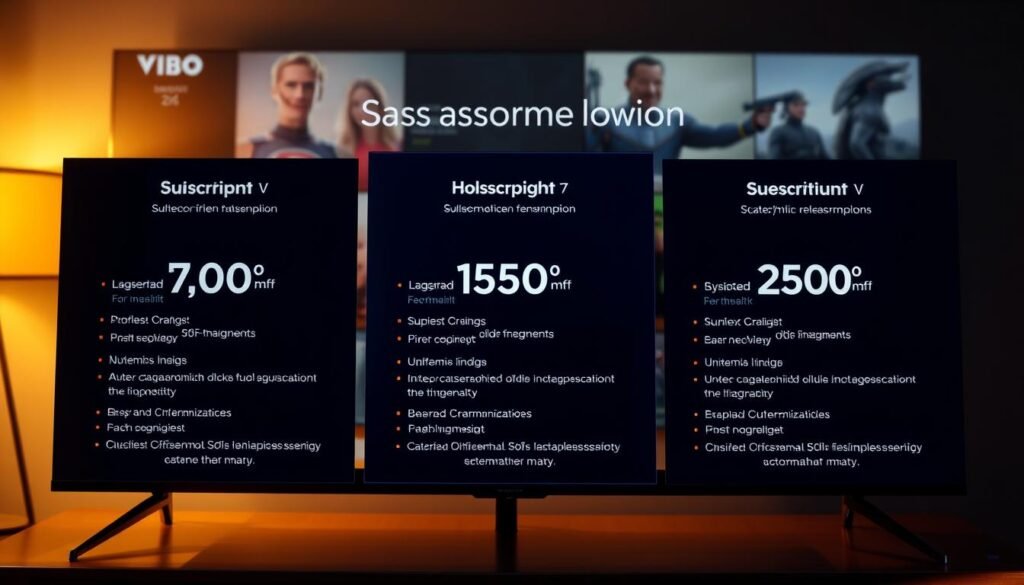 A high-resolution image of the UltraStreamPro TV app's subscription plans, showcased in a sleek and modern user interface. The foreground features three distinct plan options, each with its own set of features and pricing prominently displayed. The middle ground depicts a subtle background of streaming content, suggesting the breadth of entertainment available. The scene is illuminated by warm, directional lighting, creating a inviting and premium atmosphere. The overall composition emphasizes the value proposition and highlights the app's subscription plans in a visually compelling manner. A high-resolution image of the UltraStreamPro TV app's subscription plans, showcased in a sleek and modern user interface. The foreground features three distinct plan options, each with its own set of features and pricing prominently displayed. The middle ground depicts a subtle background of streaming content, suggesting the breadth of entertainment available. The scene is illuminated by warm, directional lighting, creating a inviting and premium atmosphere. The overall composition emphasizes the value proposition and highlights the app's subscription plans in a visually compelling manner.