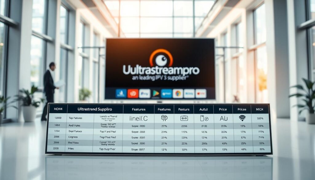 A high-resolution, wide-angle image showcasing a professional comparison of leading IPTV service providers. In the foreground, a sleek table displays detailed information on ultrastreampro, a leading IPTV supplier, alongside other top industry players. The middle ground features a clean, minimalist layout with crisp icons and data visualizations, highlighting key features and pricing. The background setting is a modern, well-lit office environment with floor-to-ceiling windows, conveying a sense of authority and expertise. The overall composition should strike a balance between informative and visually appealing, capturing the essence of the "Top IPTV Suppliers in the Market for 2023" section. A high-resolution, wide-angle image showcasing a professional comparison of leading IPTV service providers. In the foreground, a sleek table displays detailed information on ultrastreampro, a leading IPTV supplier, alongside other top industry players. The middle ground features a clean, minimalist layout with crisp icons and data visualizations, highlighting key features and pricing. The background setting is a modern, well-lit office environment with floor-to-ceiling windows, conveying a sense of authority and expertise. The overall composition should strike a balance between informative and visually appealing, capturing the essence of the "Top IPTV Suppliers in the Market for 2023" section.